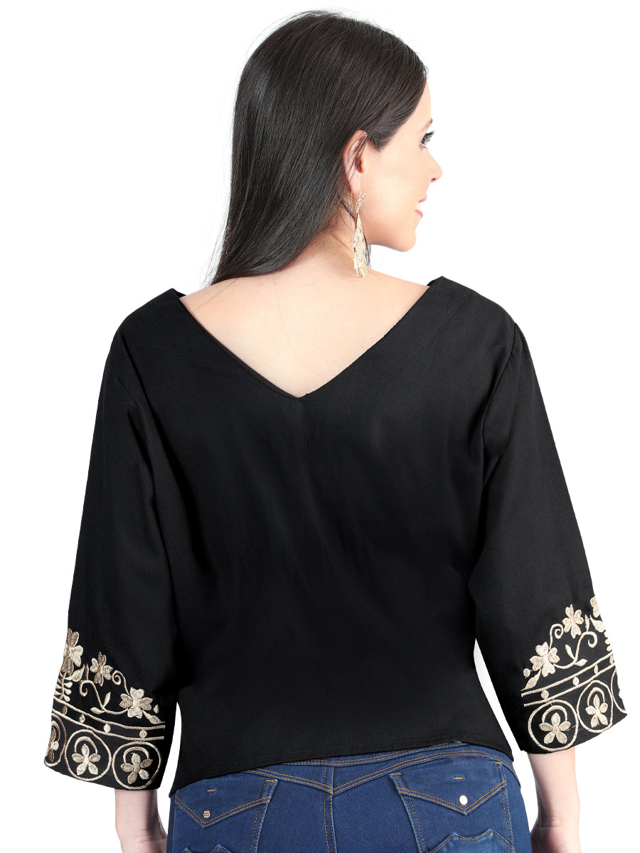 Women's Artisanal Embroidered Blouse 100% Cotton Black 603962
