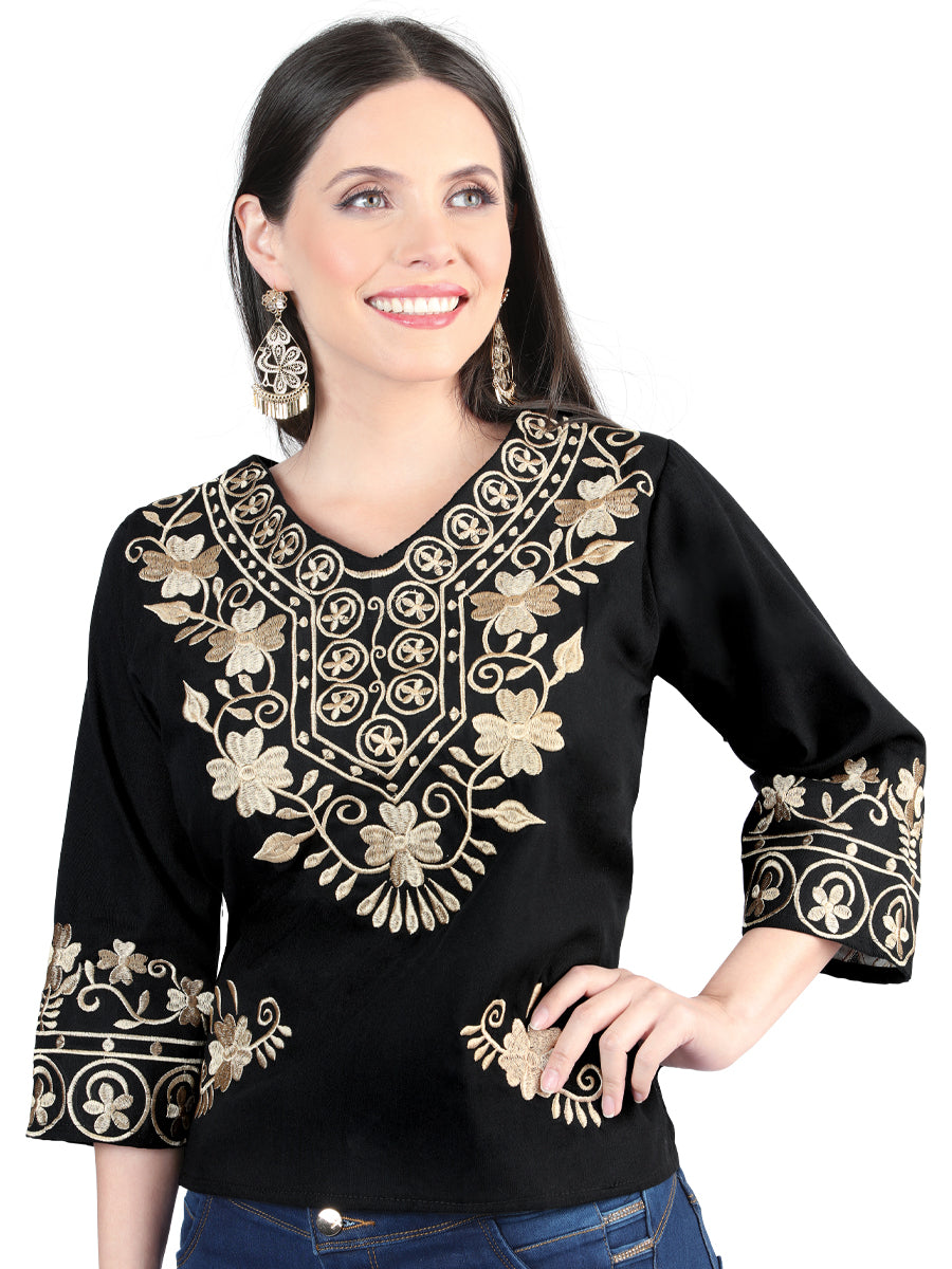 Women's Artisanal Embroidered Blouse 100% Cotton Black 603962