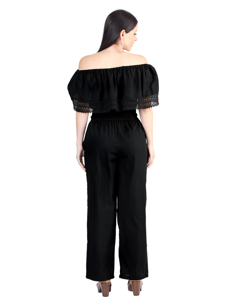 Women's Artisanal Embroidered Jumpsuit 100% Cotton Black 603965