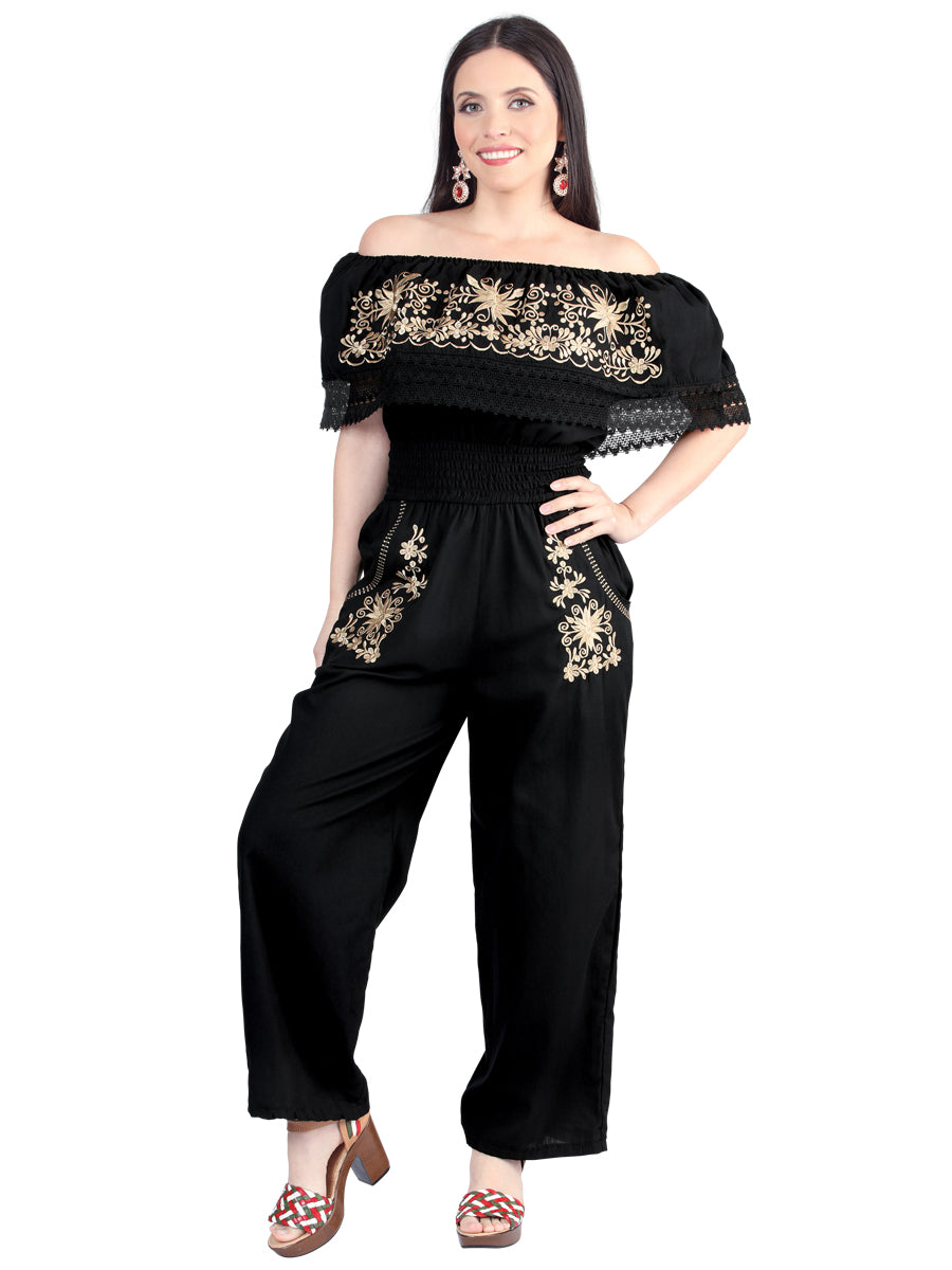 Women's Artisanal Embroidered Jumpsuit 100% Cotton Black 603965