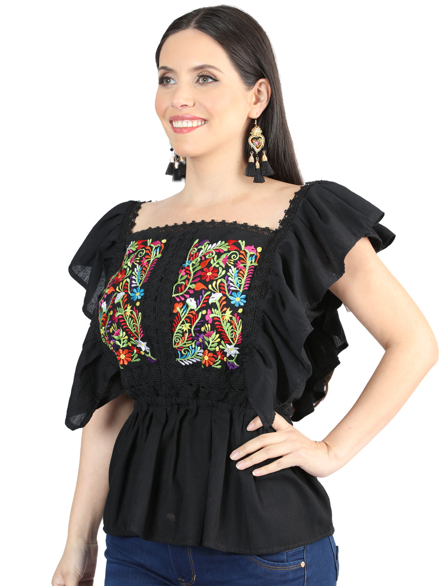 Women's Artisanal Embroidered Blouse 100% Cotton Black 603966