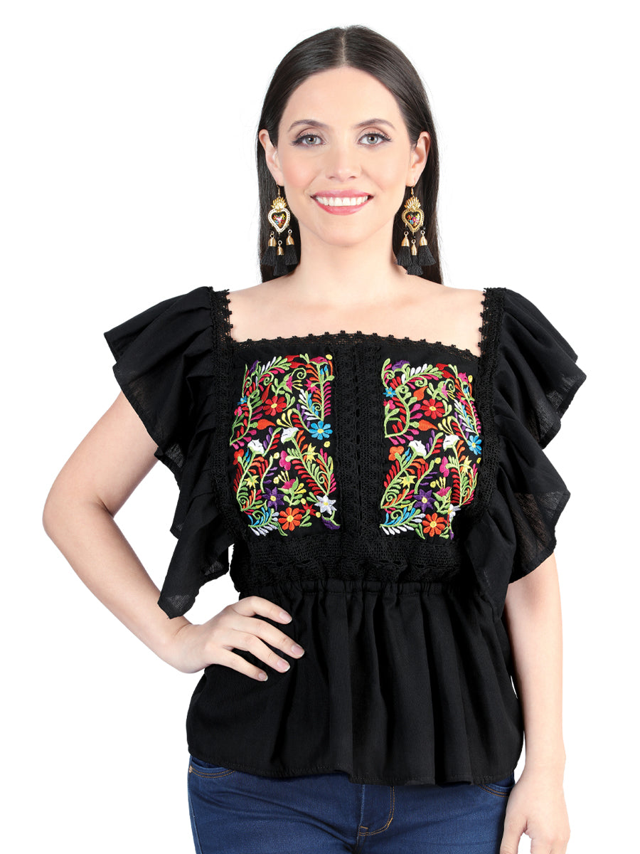 Women's Artisanal Embroidered Blouse 100% Cotton Black 603966