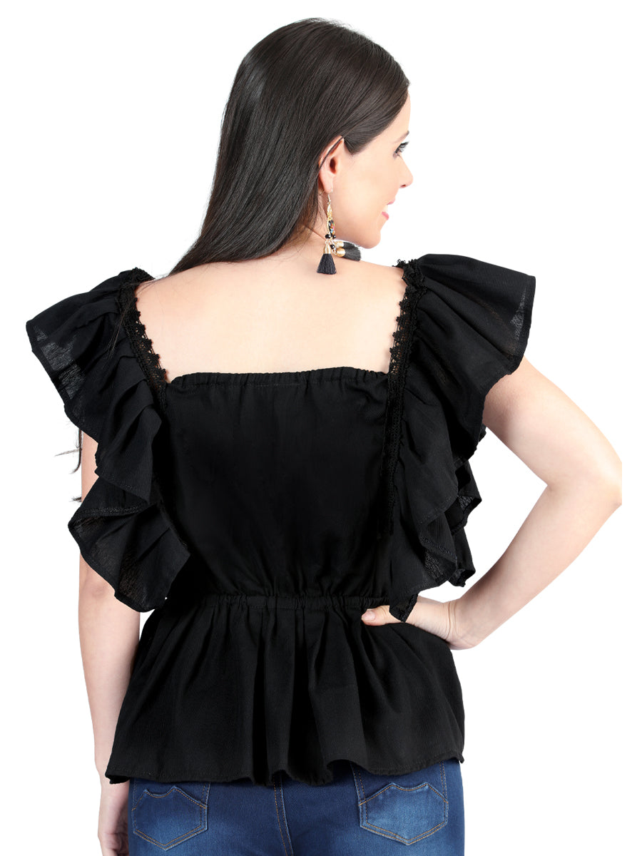 Women's Artisanal Embroidered Blouse 100% Cotton Black 603966