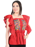 Women's Artisanal Embroidered Blouse 100% Cotton Red 603967