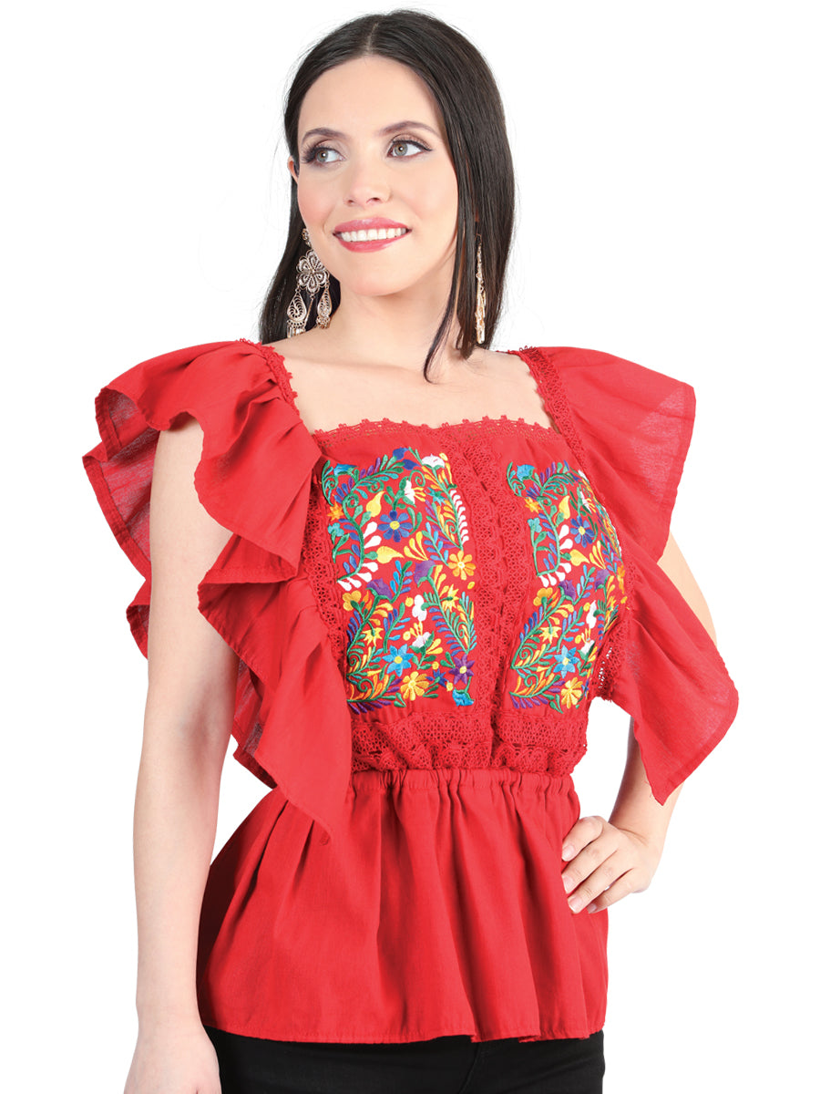 Women's Artisanal Embroidered Blouse 100% Cotton Red 603967