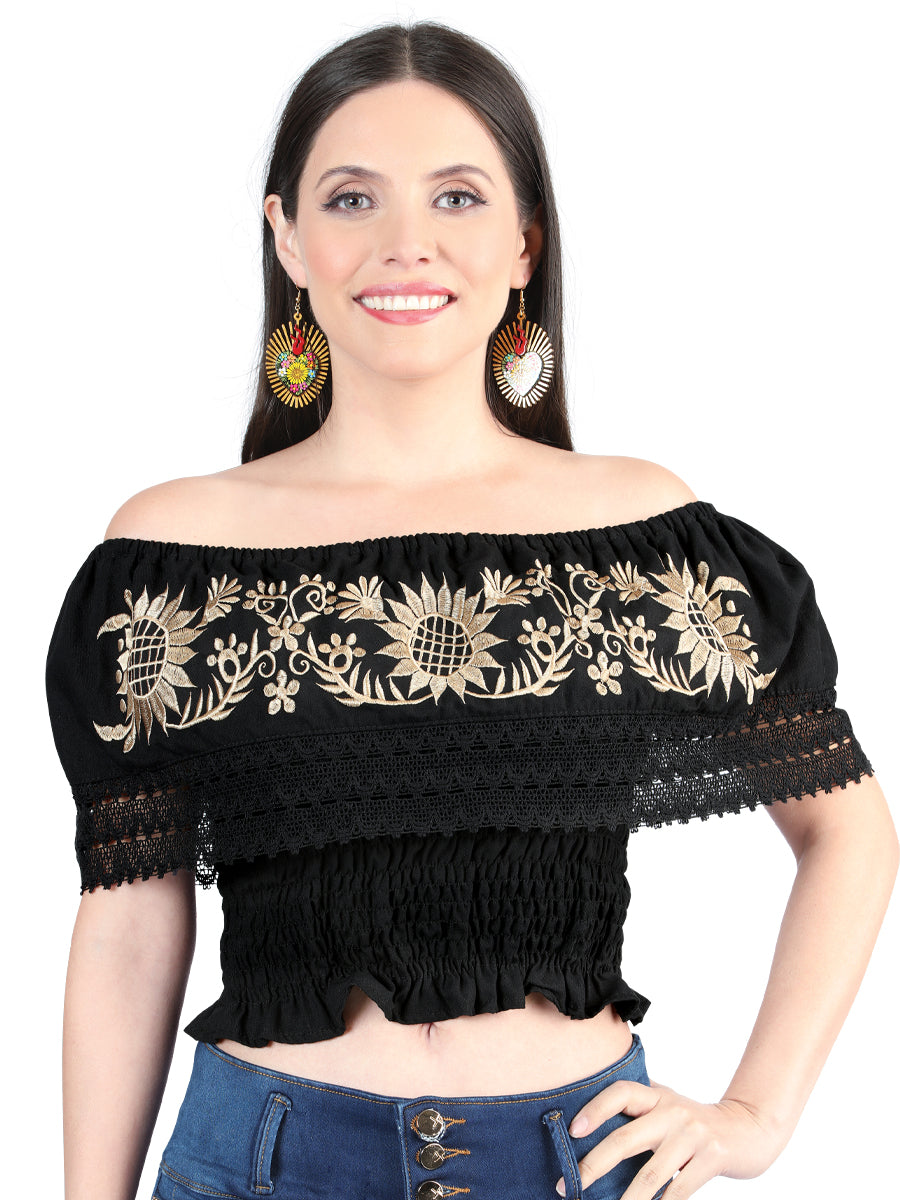 Women's Artisanal Embroidered Blouse 100% Cotton Black 603969