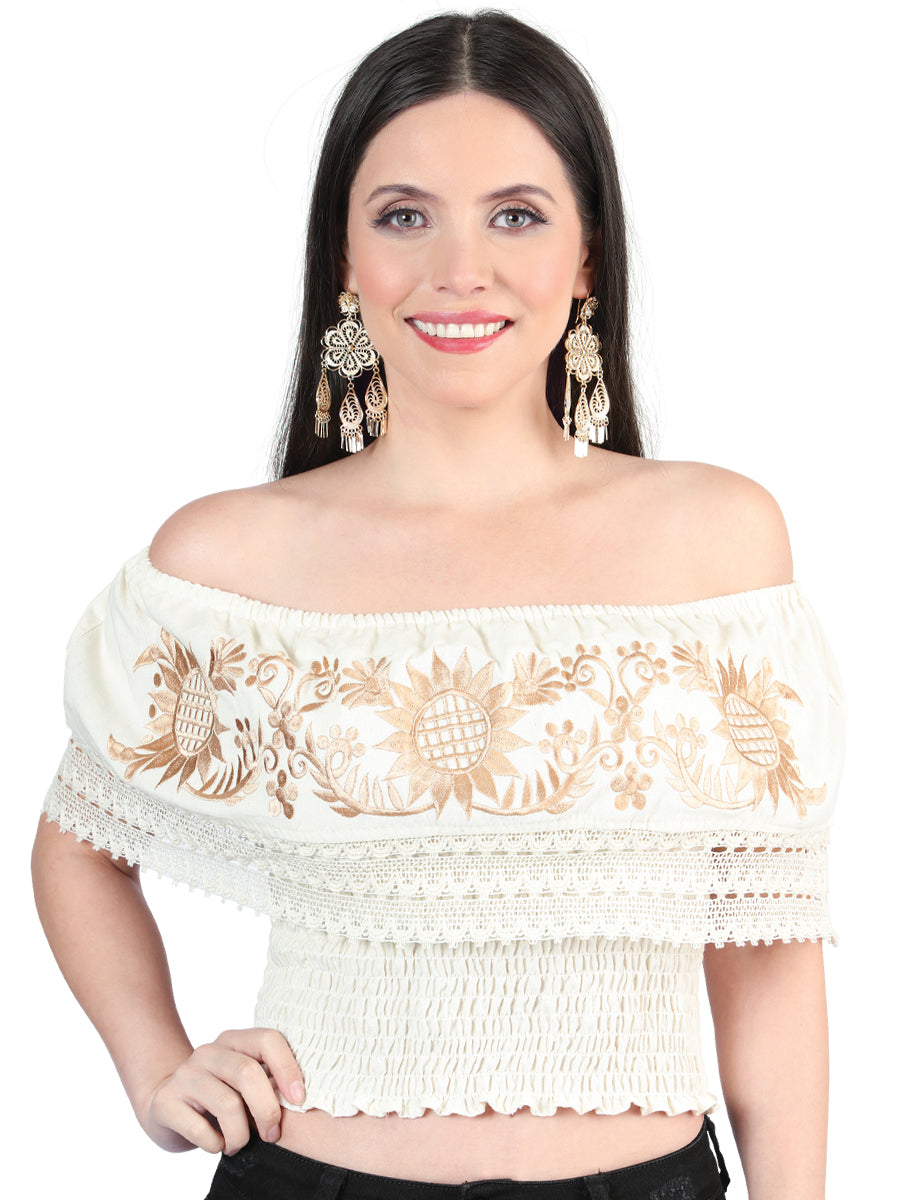 Women's Artisanal Embroidered Blouse 100% Cotton Beige 603970