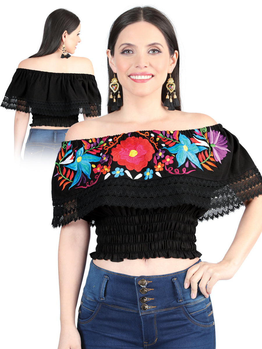 Women's Artisanal Embroidered Blouse 100% Cotton Black 603982