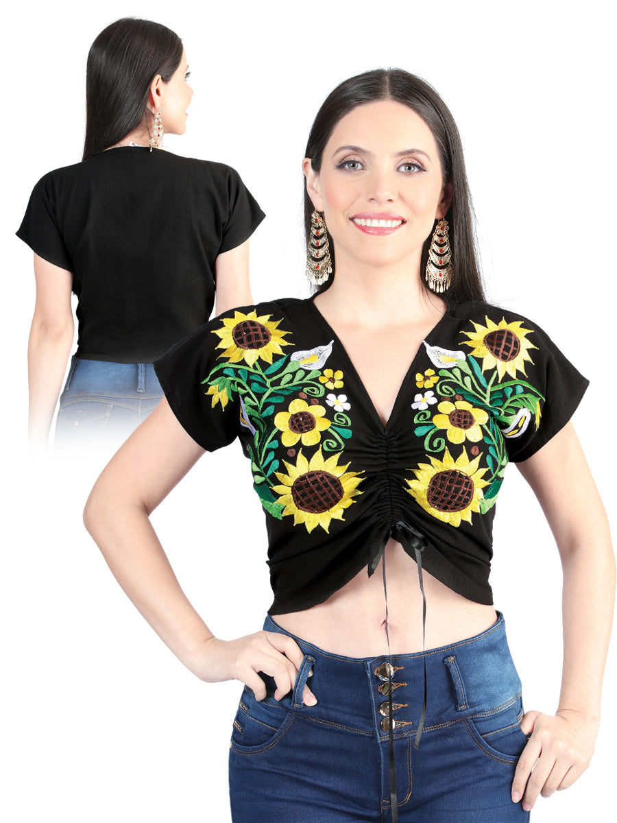 Women's Artisanal Embroidered Blouse 100% Cotton Black 603986