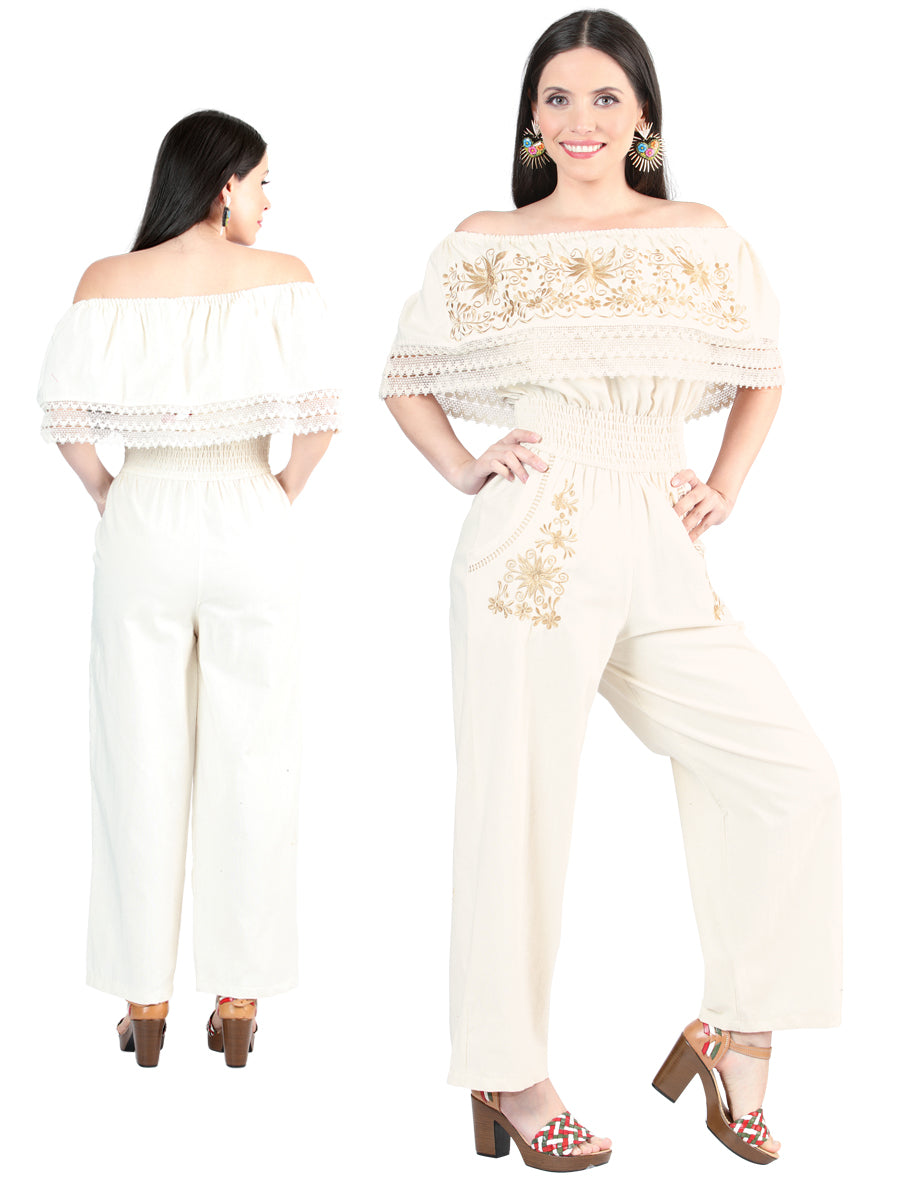 Women's Artisanal Embroidered Jumpsuit 100% Cotton Beige 603998
