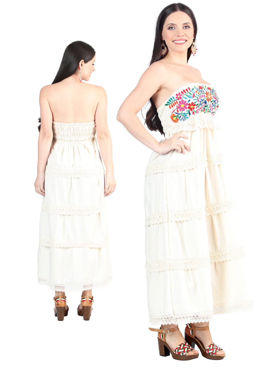 Women's Artisanal Embroidered Dress 100% Cotton Beige 603999