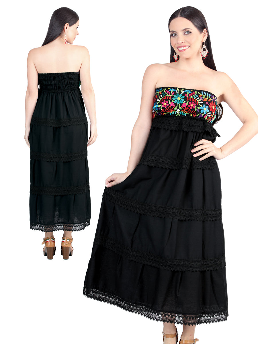 Women's Artisanal Embroidered Dress 100% Cotton Black 604000