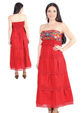 Women's Artisanal Embroidered Dress 100% Cotton Red 604001