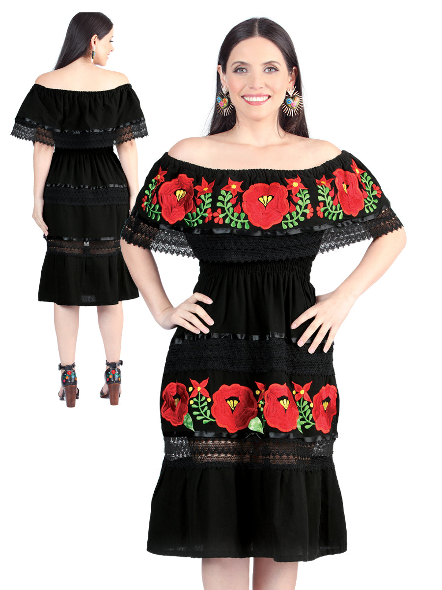 Women's Artisanal Embroidered Dress 100% Cotton Black 604002