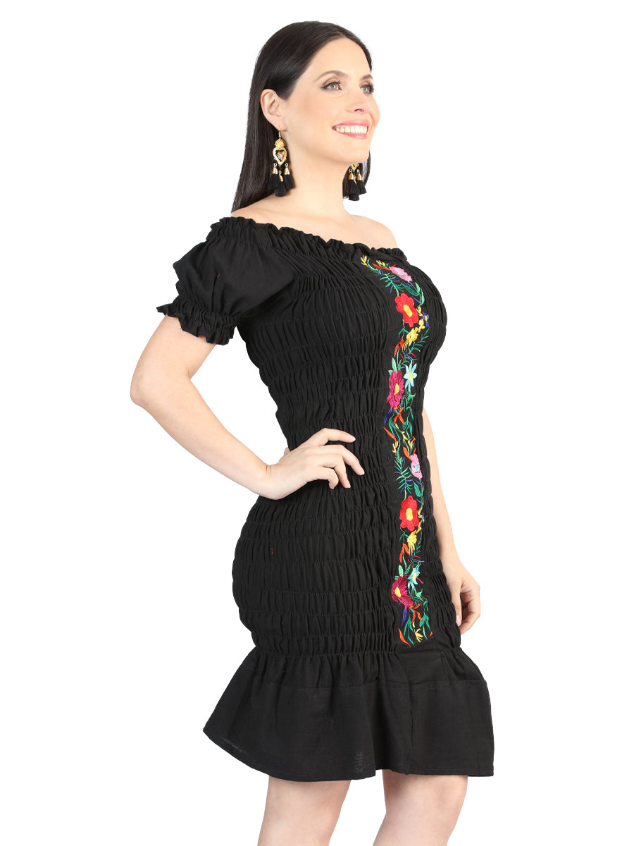 Women's Artisanal Embroidered Dress 100% Cotton Black 604007