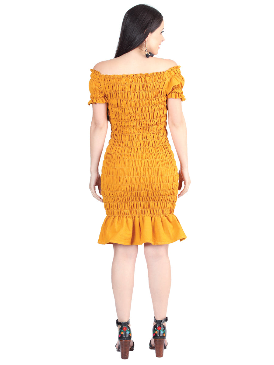 Women's Artisanal Embroidered Dress 100% Cotton Mustard 604008