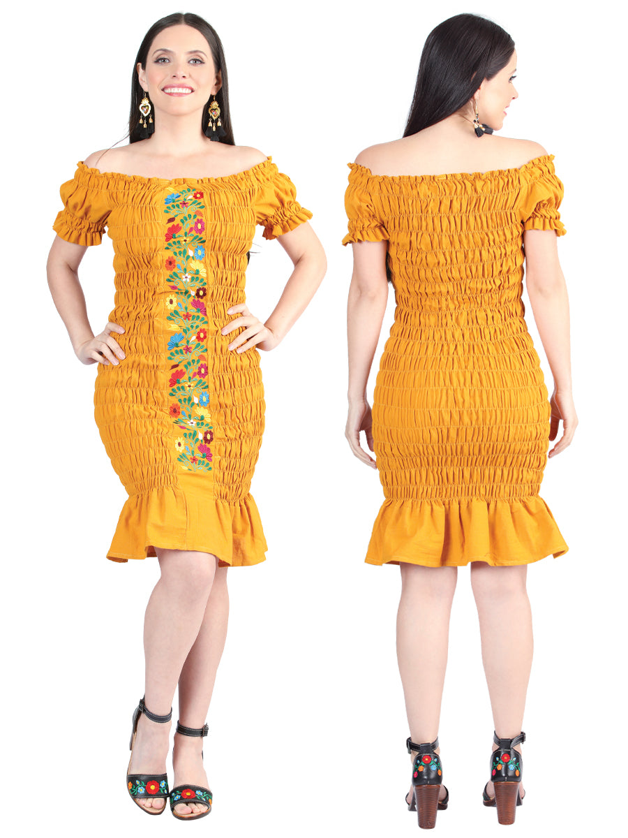 Women's Artisanal Embroidered Dress 100% Cotton Mustard 604008