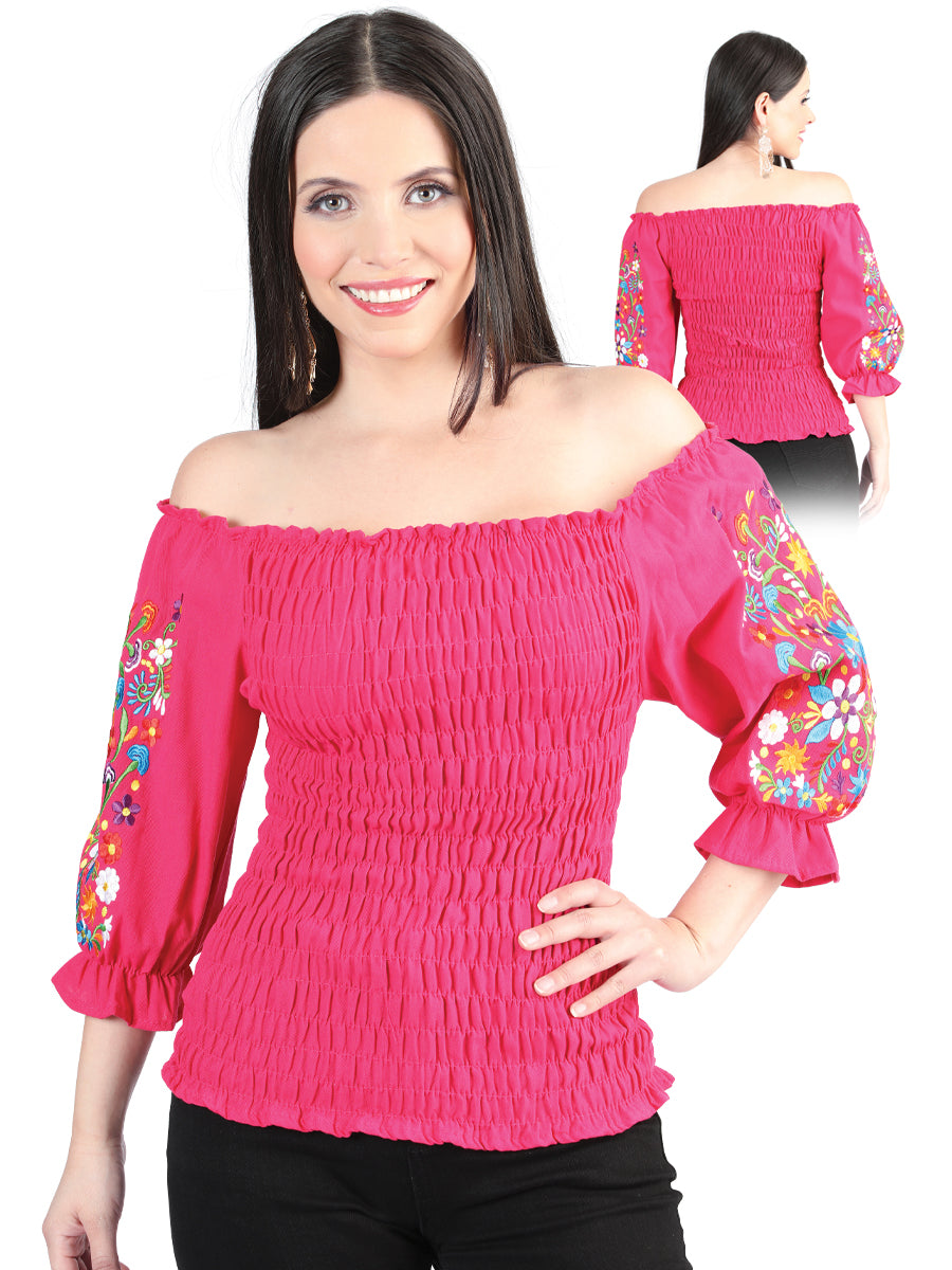 Women's Artisanal Embroidered Blouse 100% Cotton Fuchsia 604011