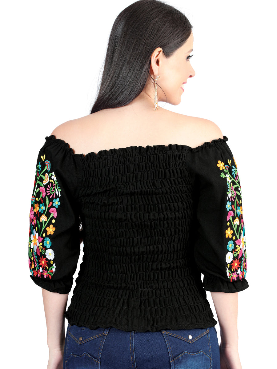 Women's Artisanal Embroidered Blouse 100% Cotton Black 604012