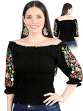 Women's Artisanal Embroidered Blouse 100% Cotton Black 604012