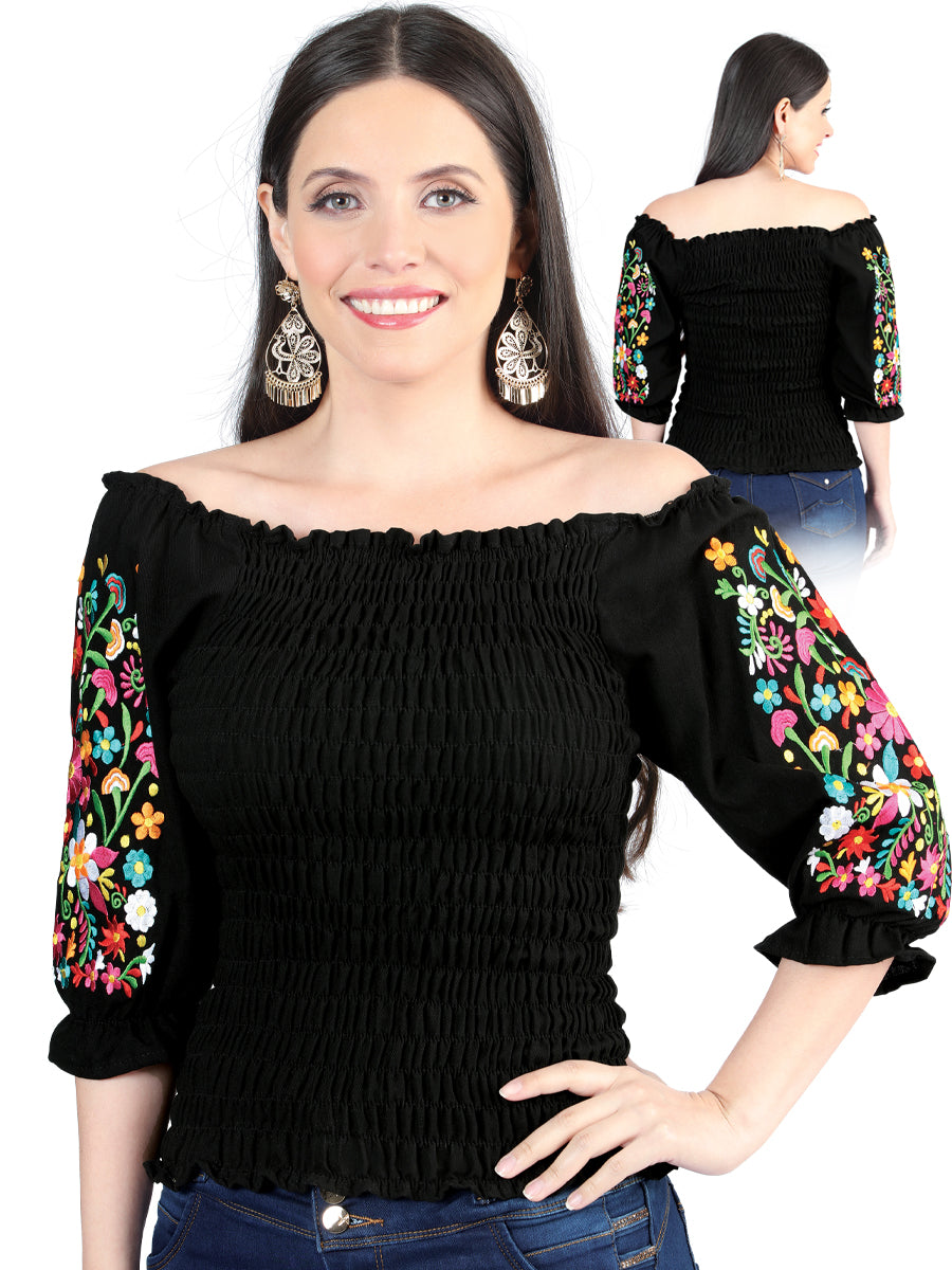 Women's Artisanal Embroidered Blouse 100% Cotton Black 604012