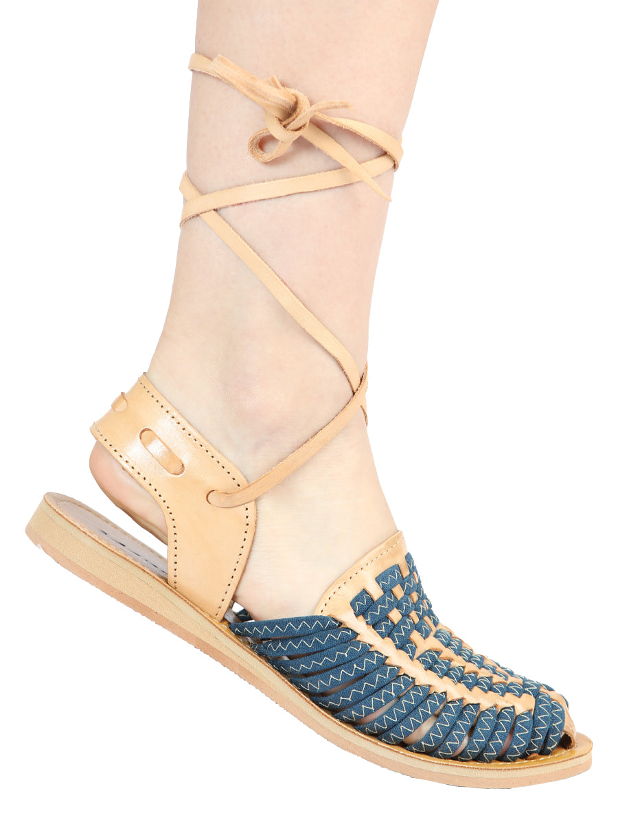 Women's Mexican Artisanal Sandals Leather Tan/Blue 604019