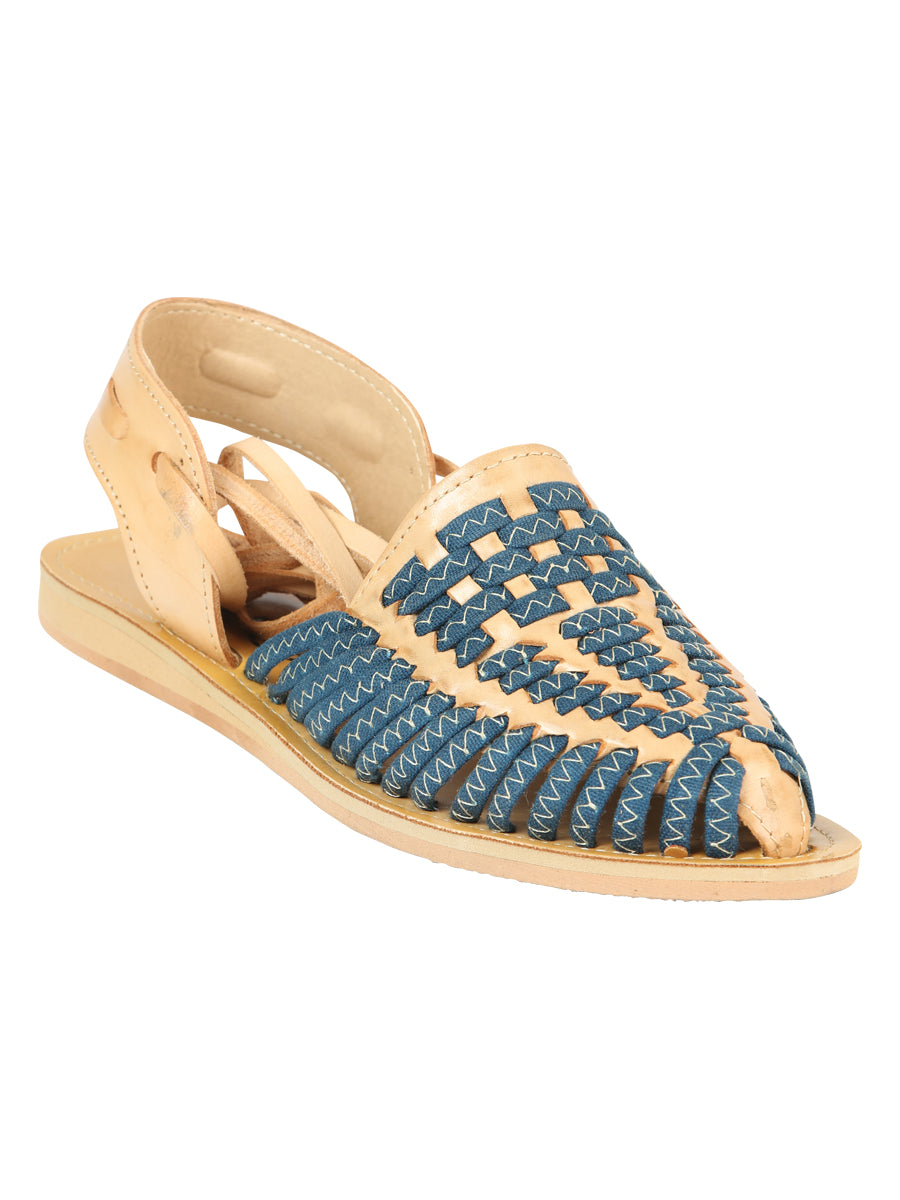 Women's Mexican Artisanal Sandals Leather Tan/Blue 604019