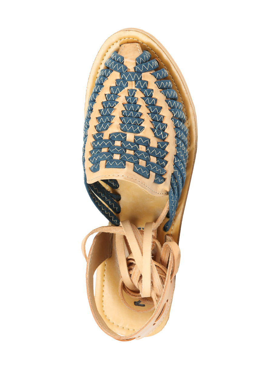 Women's Mexican Artisanal Sandals Leather Tan/Blue 604019