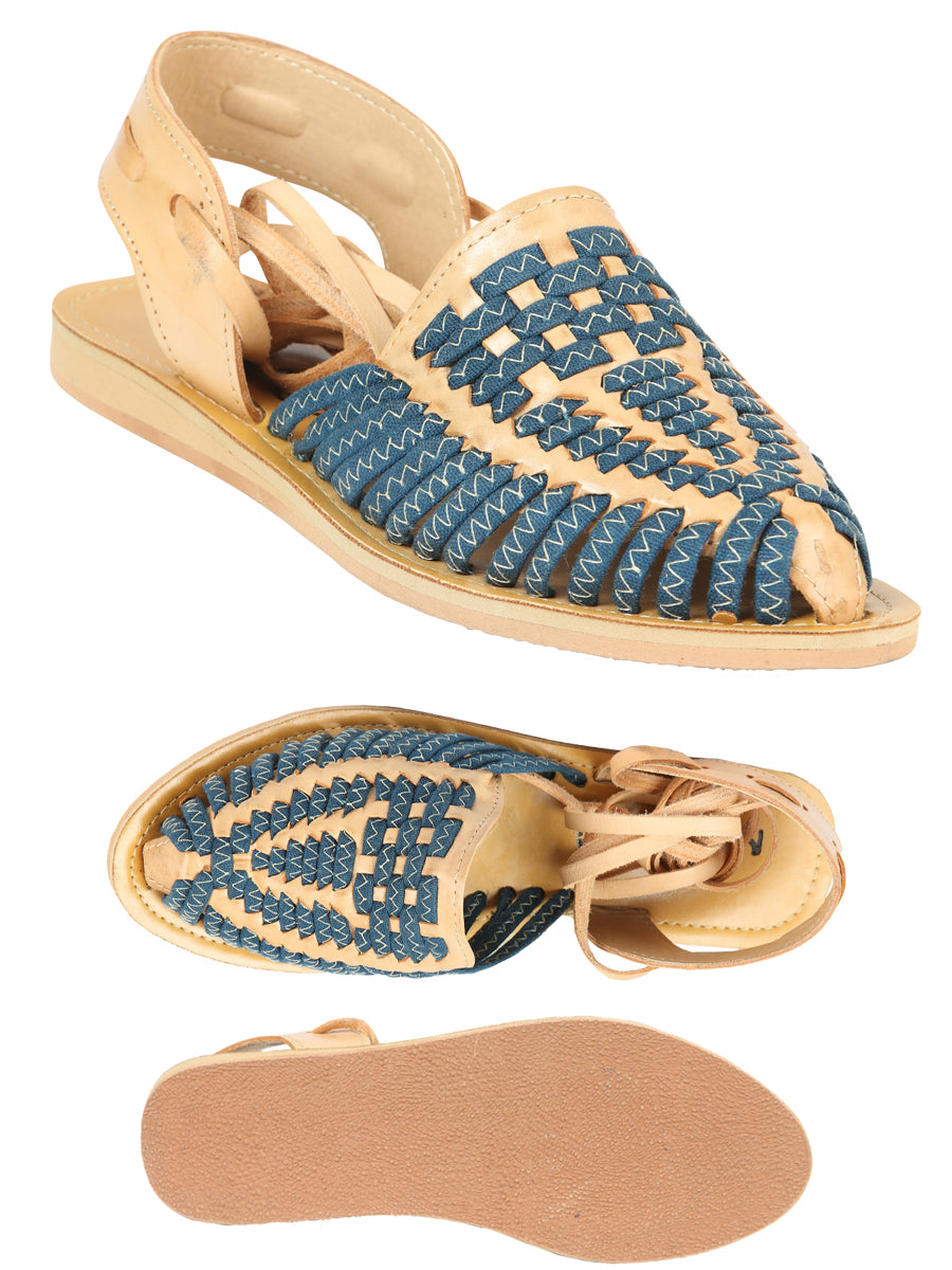 Women's Mexican Artisanal Sandals Leather Tan/Blue 604019