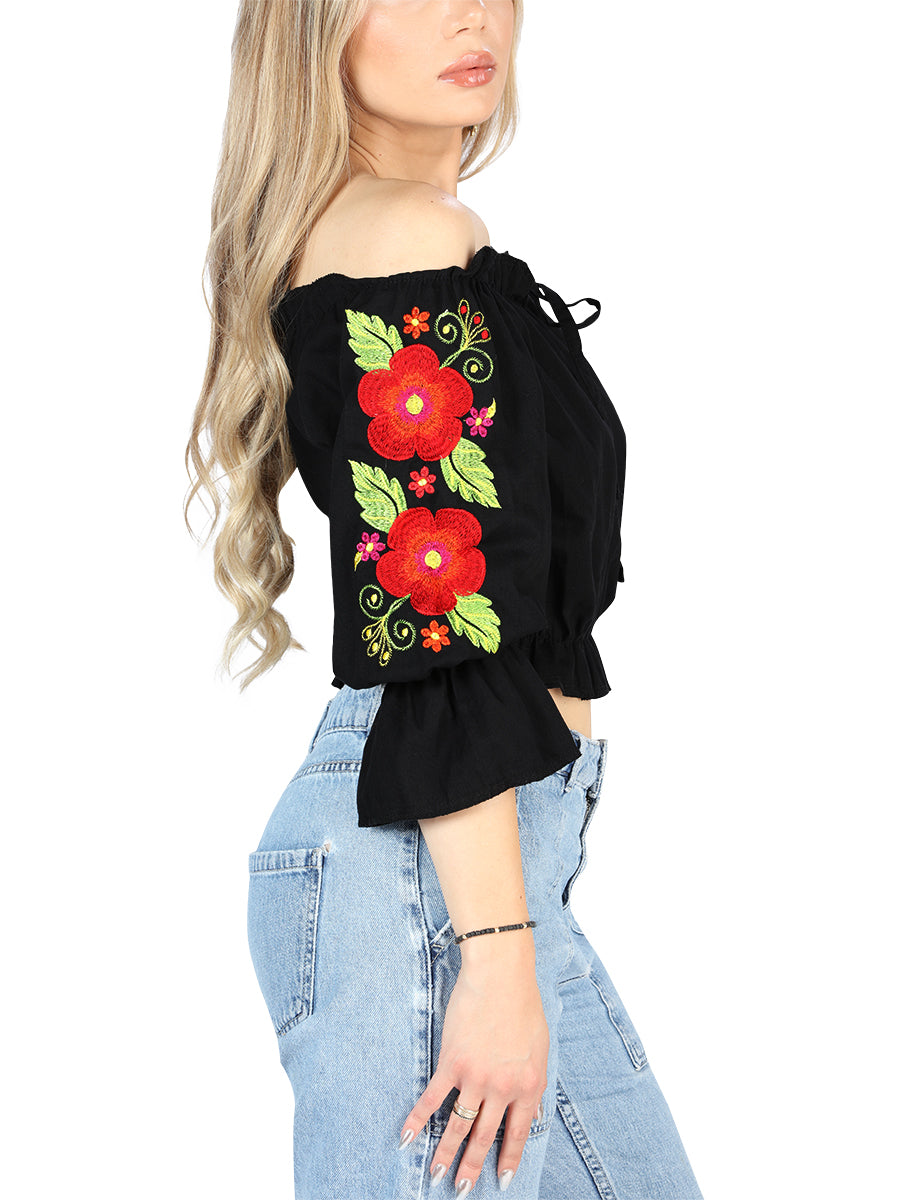 Women's Artisanal Embroidered Blouse 100% Cotton Black 604050