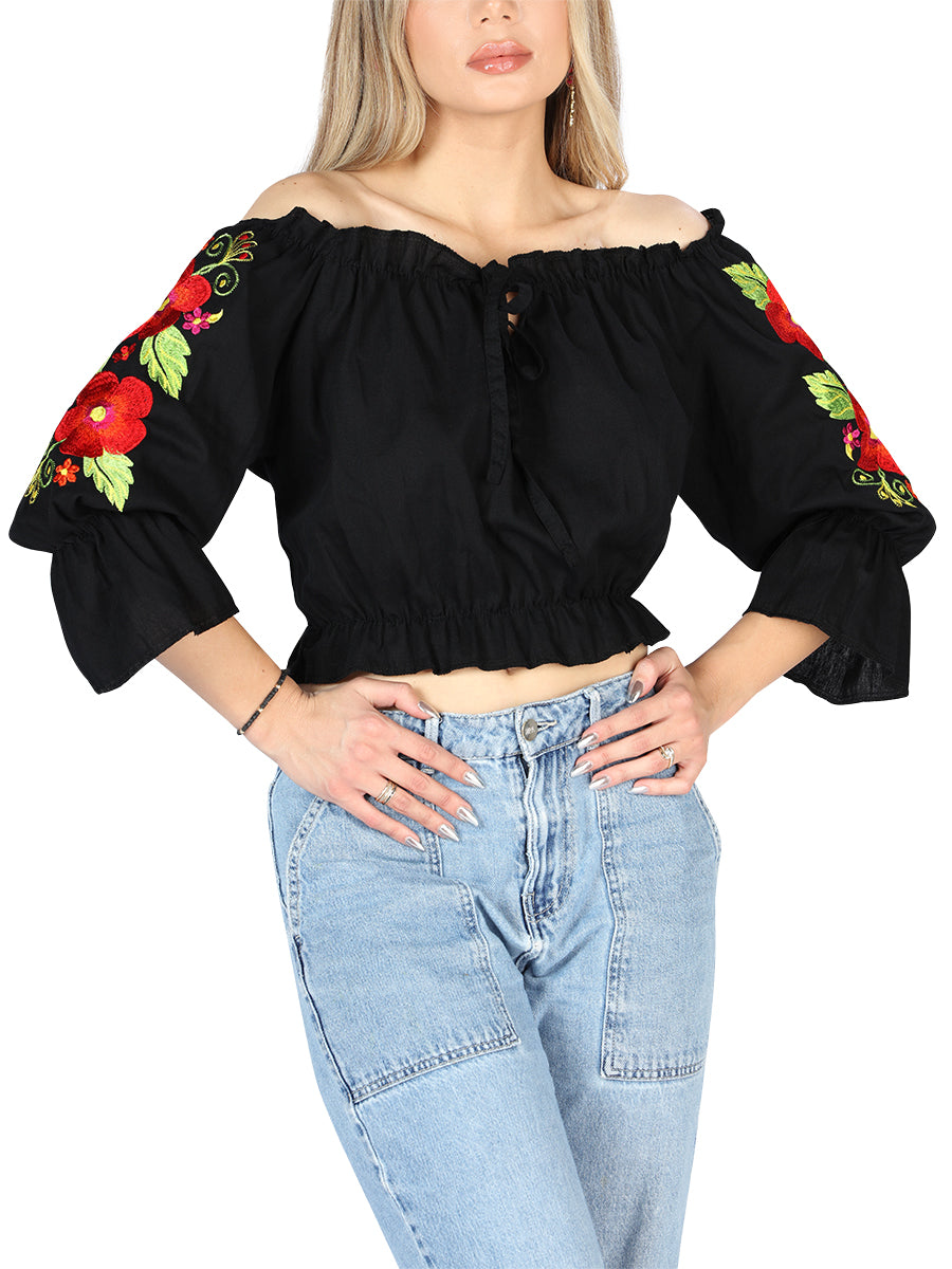 Women's Artisanal Embroidered Blouse 100% Cotton Black 604050
