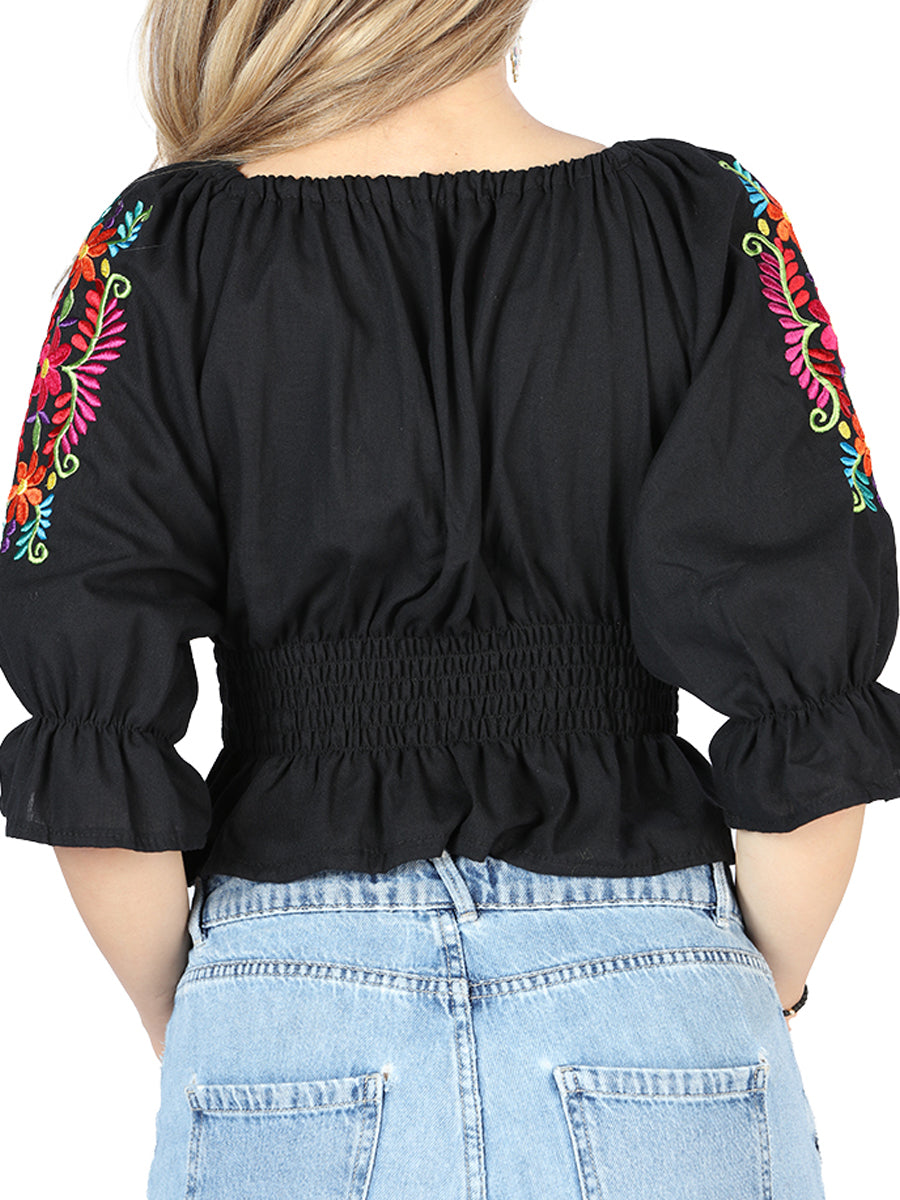 Women's Artisanal Embroidered Blouse 100% Cotton Black 604051