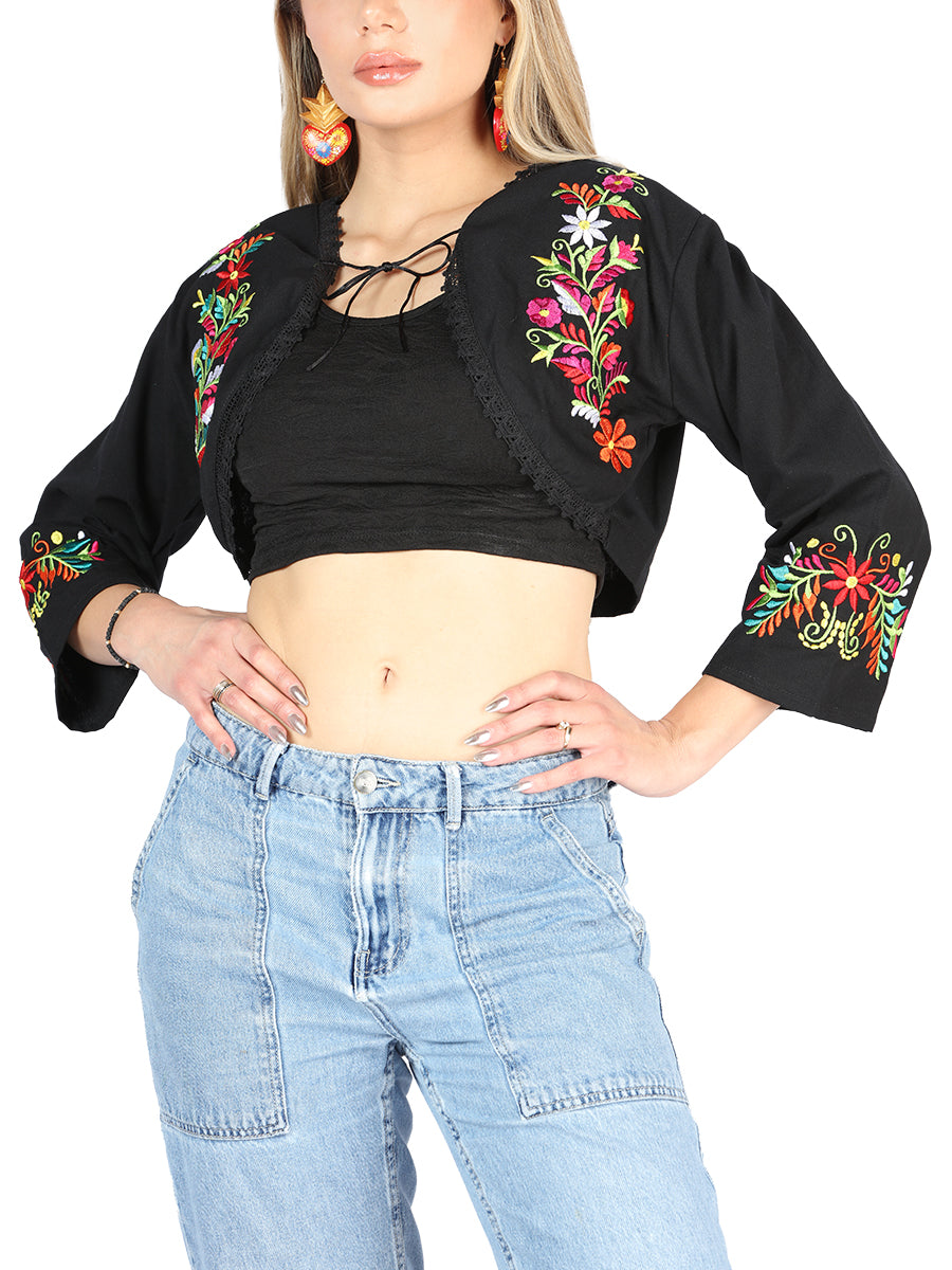 Women's Artisanal Embroidered Torera 100% Cotton Black 604052