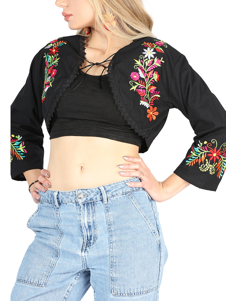 Women's Artisanal Embroidered Torera 100% Cotton Black 604052