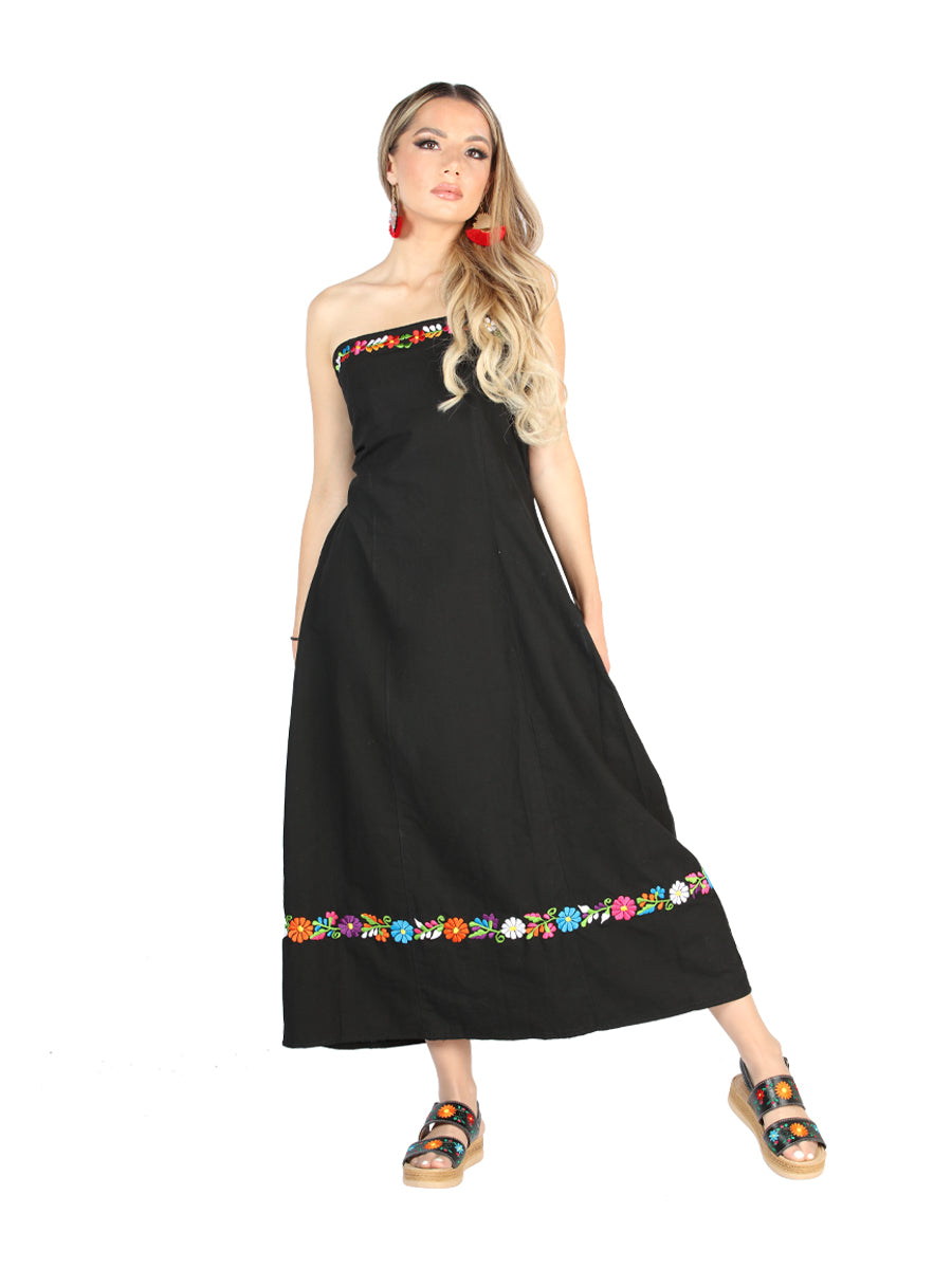 Women's Artisanal Embroidered Dress 100% Cotton Black 604053