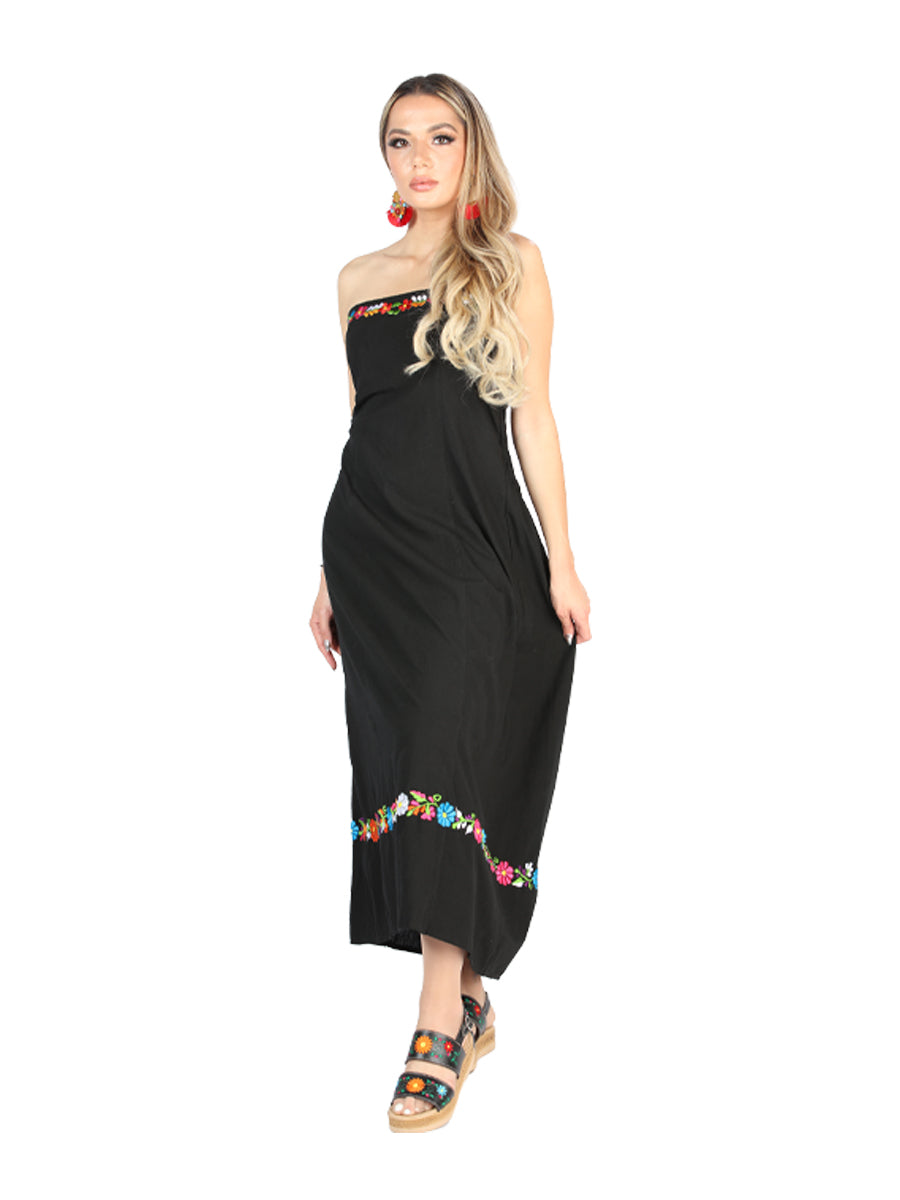Women's Artisanal Embroidered Dress 100% Cotton Black 604053