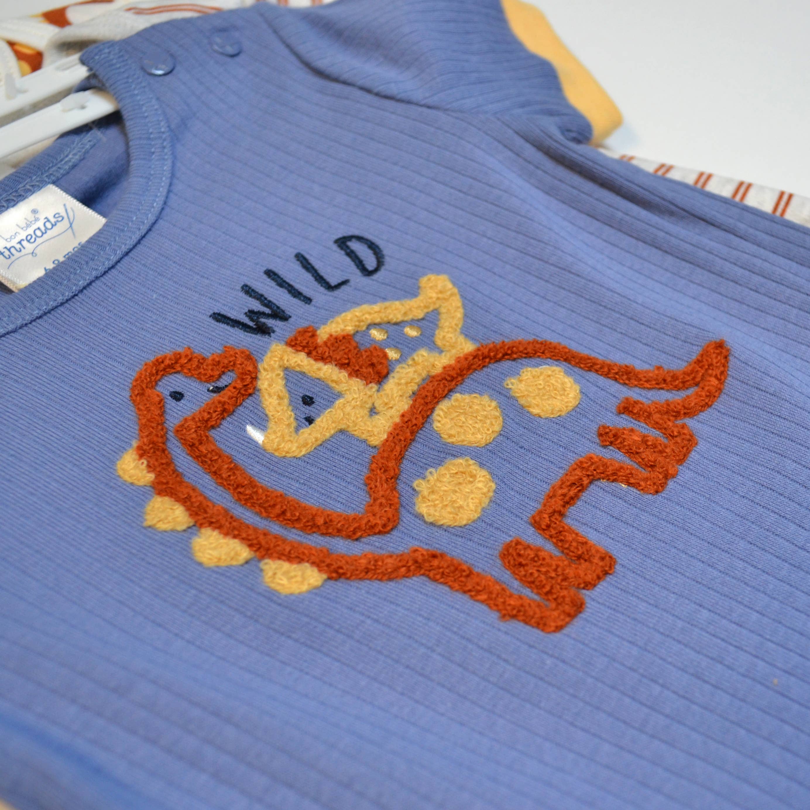 Pack of 3 100% Cotton Dinosaur Chenille Embroidery Bodysuits