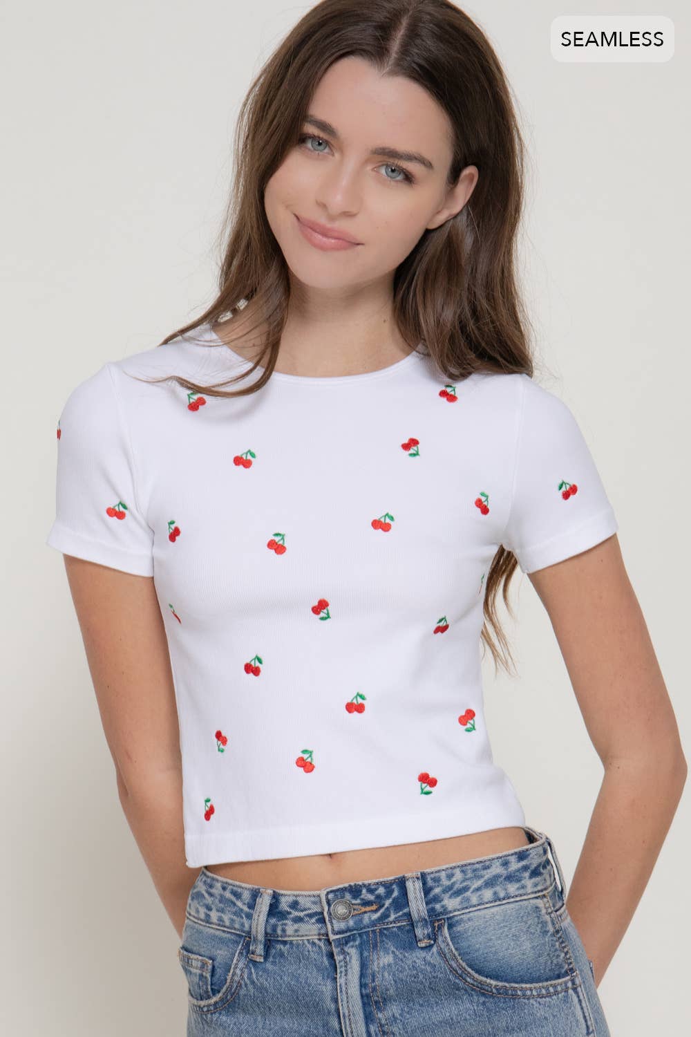 Active USA - Women's Short Sleeve Crew Neck Cherry Embroidery Detail Seamless Top - T15245