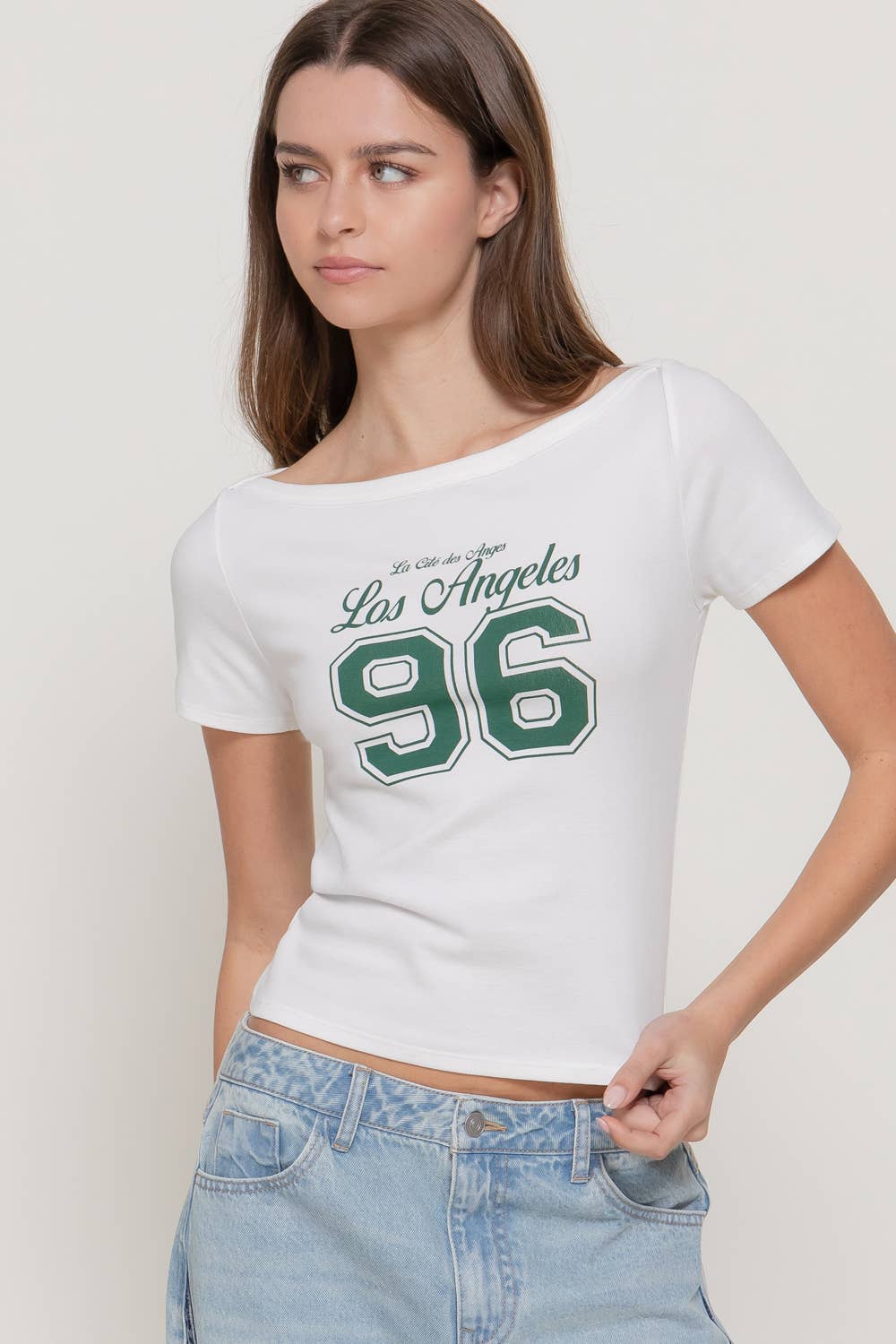 Active USA - Short Sleeve Boat Neck Graphic Print Knit Top - T15307