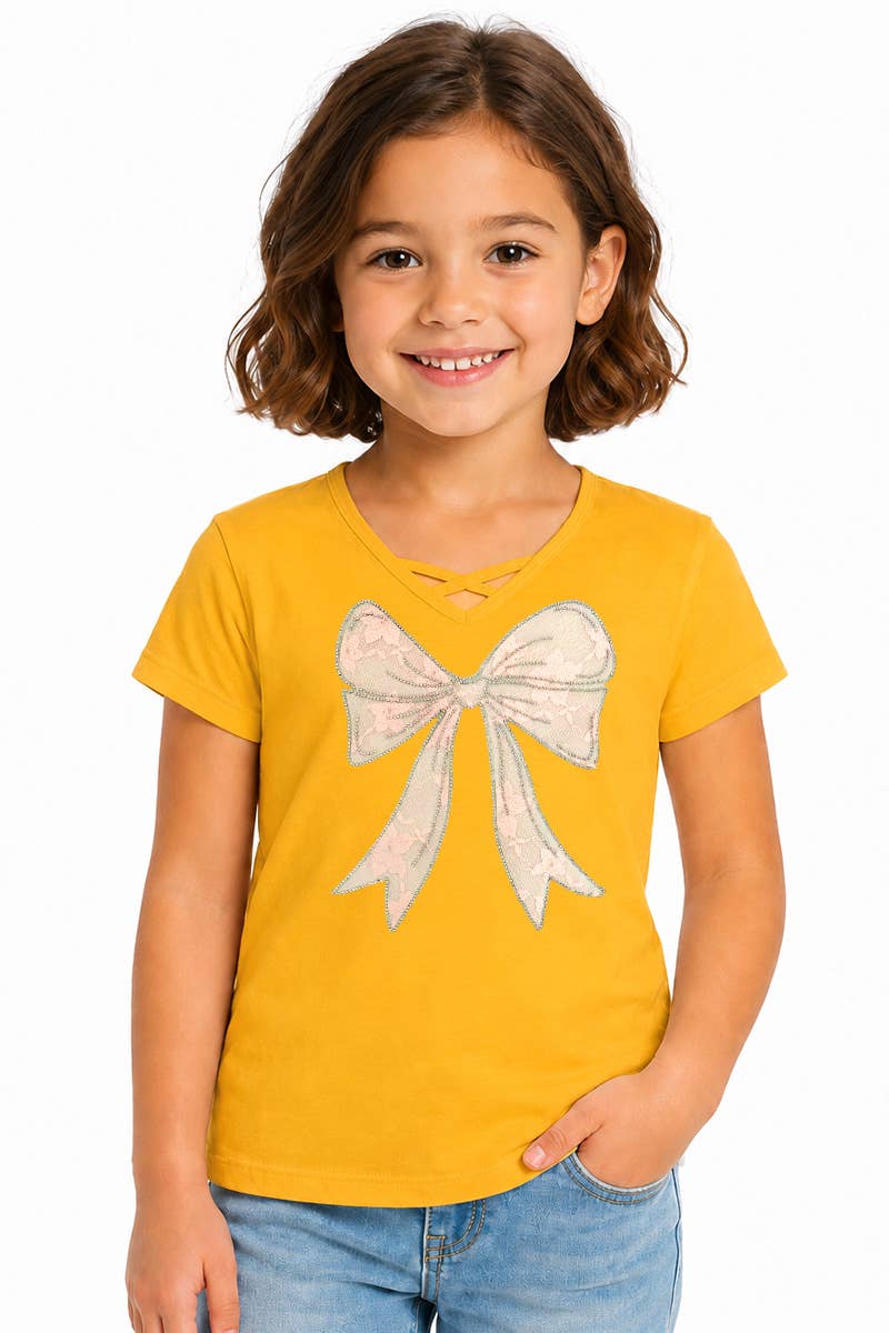 Girl's Graphic Tee with Bow Patch & Rhine - GKT-16810B-833