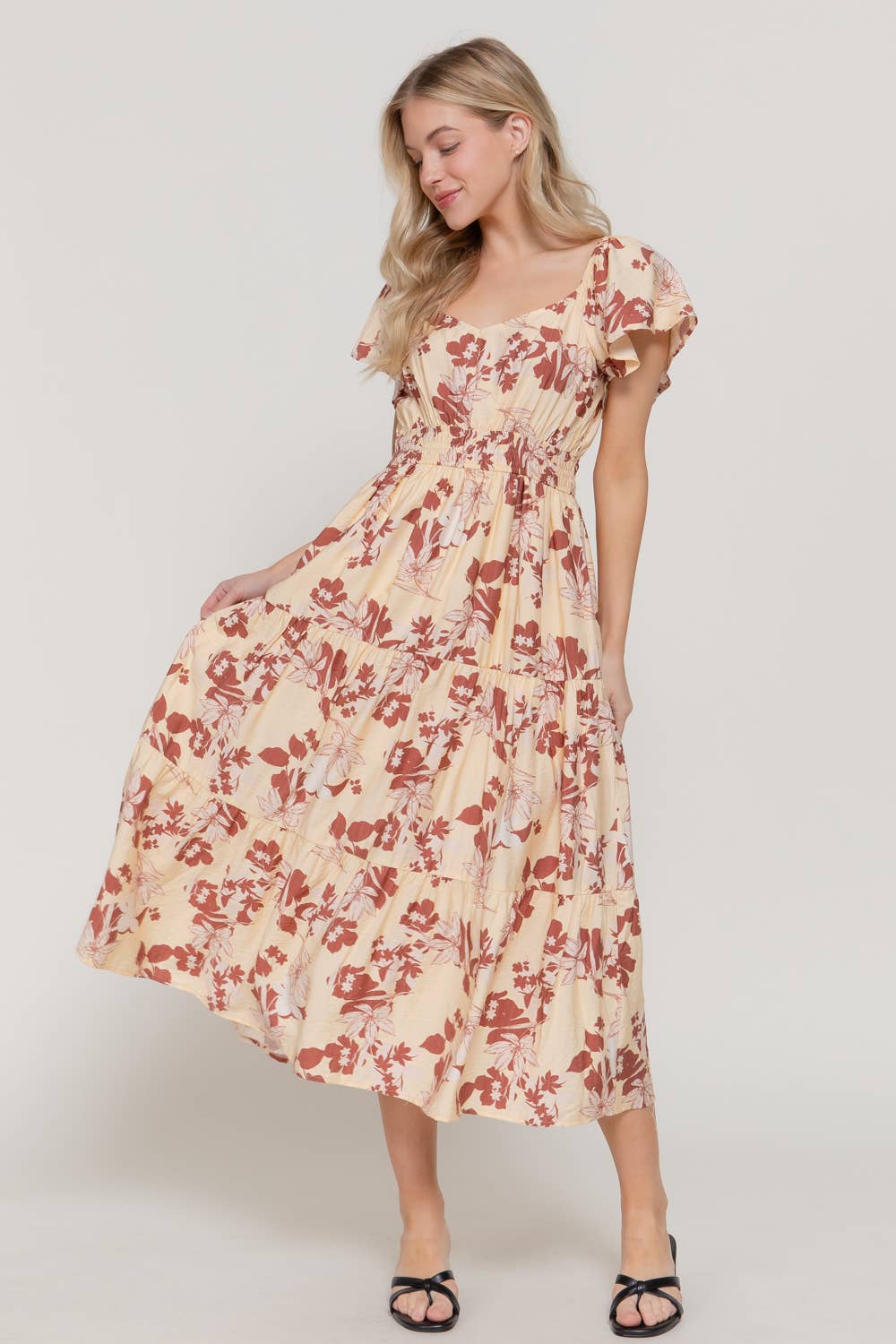 Active USA - Women's Short Flutter Sleeve V-Neck Maxi Printed Dress - D15017