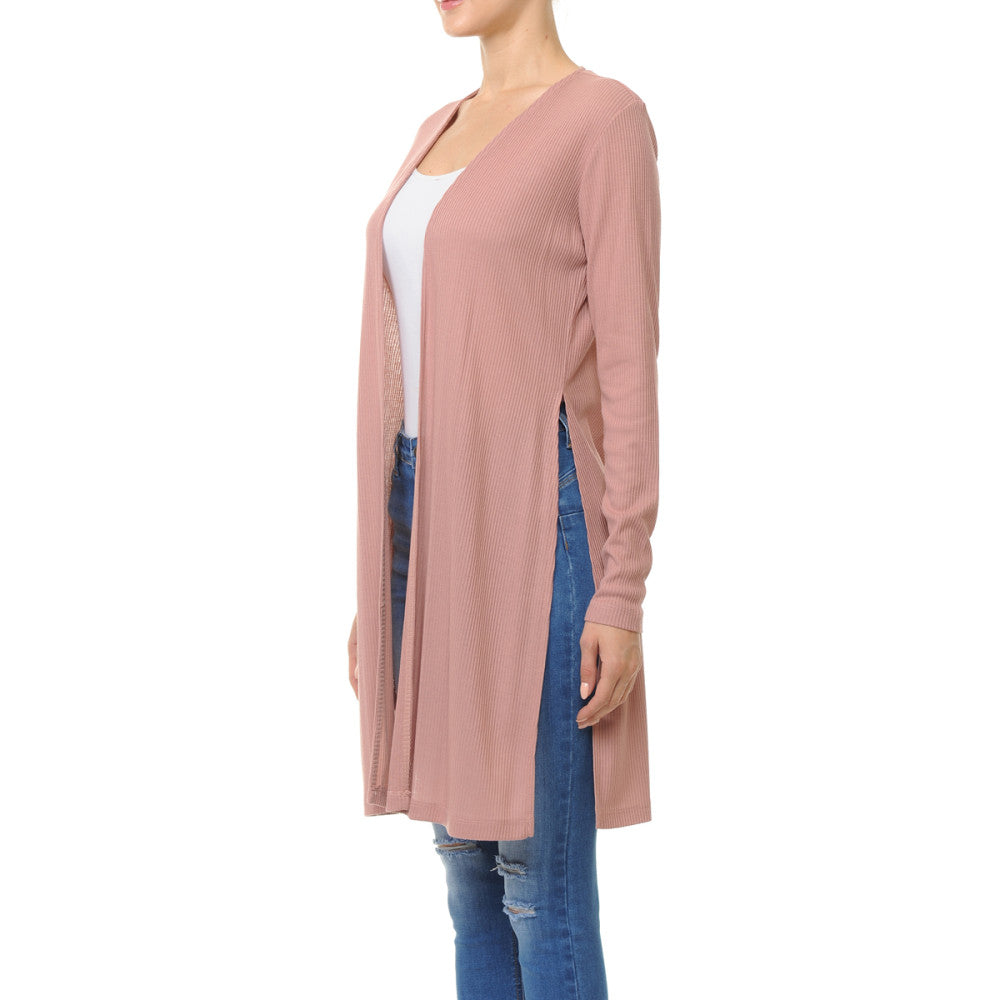 Ambinace - Women's Ribbid Long Sleeve Longline Cardigan - 68384