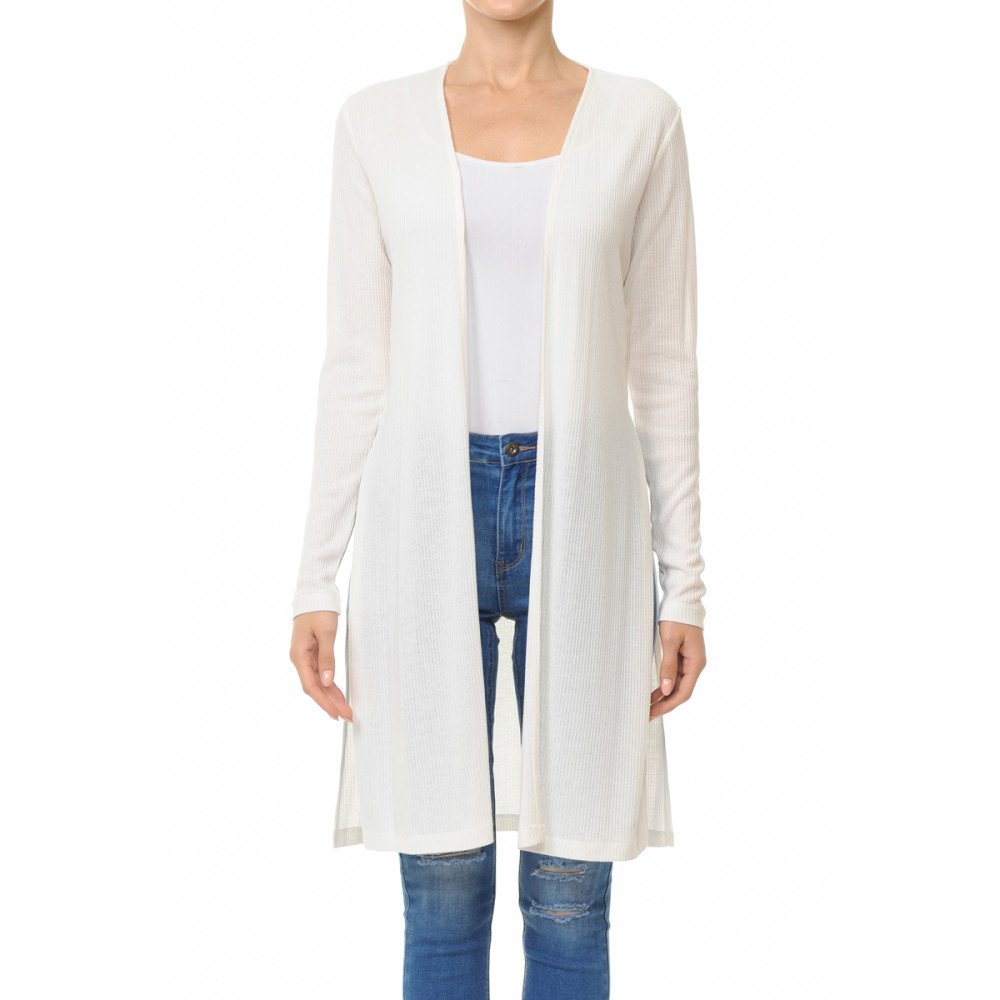 Ambinace - Women's Ribbid Long Sleeve Longline Cardigan - 68384