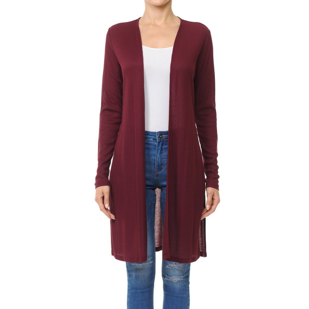 Ambinace - Women's Ribbid Long Sleeve Longline Cardigan - 68384