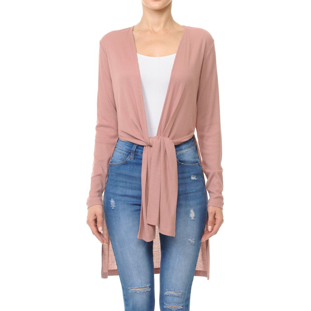 Ambinace - Women's Ribbid Long Sleeve Longline Cardigan - 68384