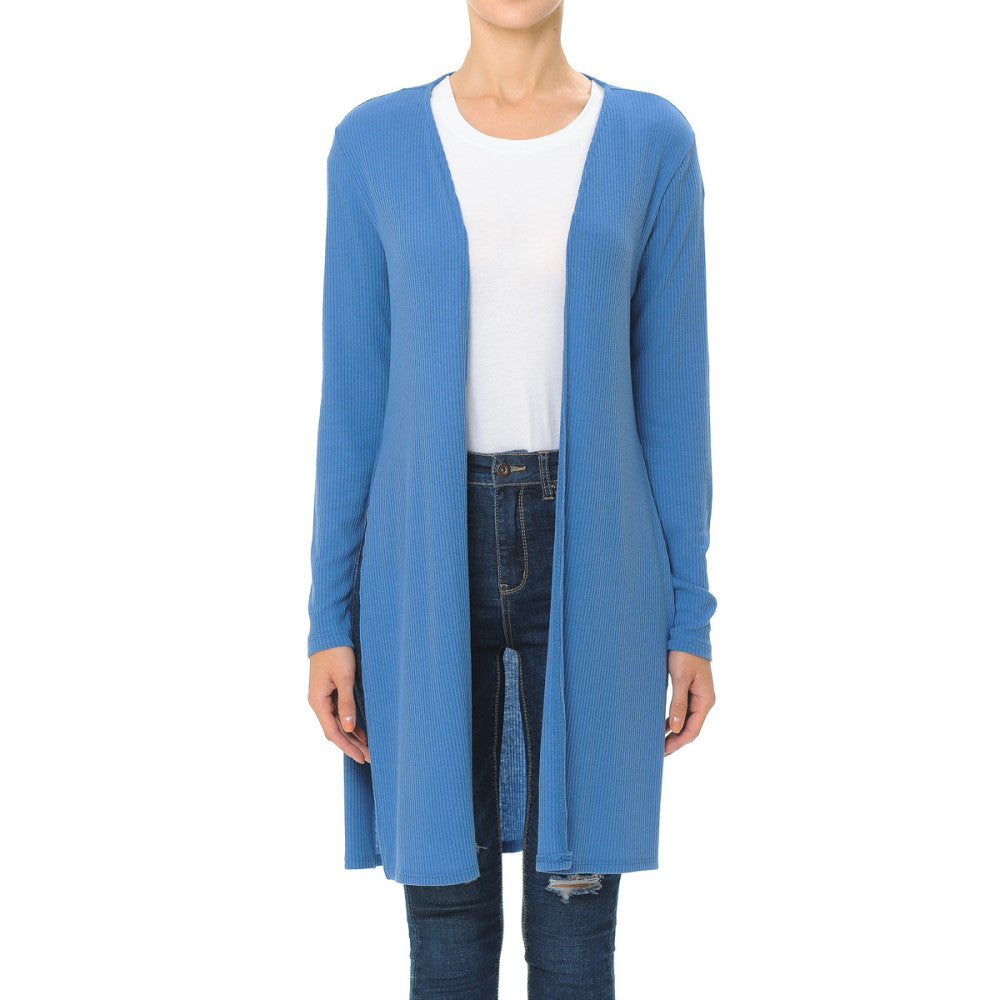 Ambinace - Women's Ribbid Long Sleeve Longline Cardigan - 68384