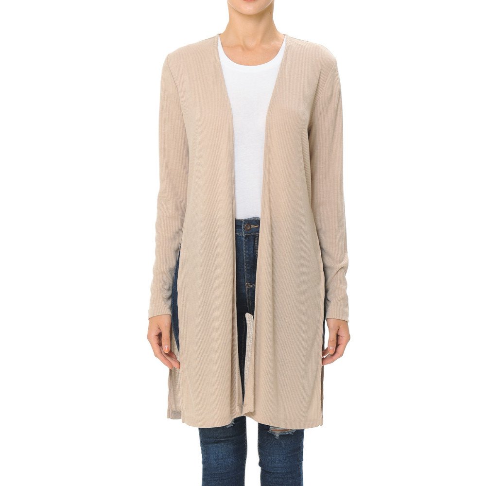 Ambinace - Women's Ribbid Long Sleeve Longline Cardigan - 68384