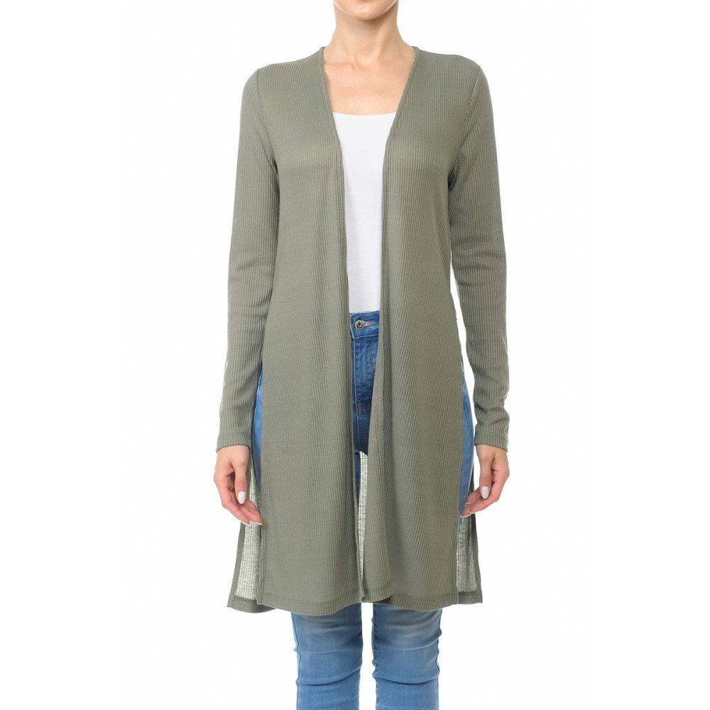 Ambinace - Women's Ribbid Long Sleeve Longline Cardigan - 68384