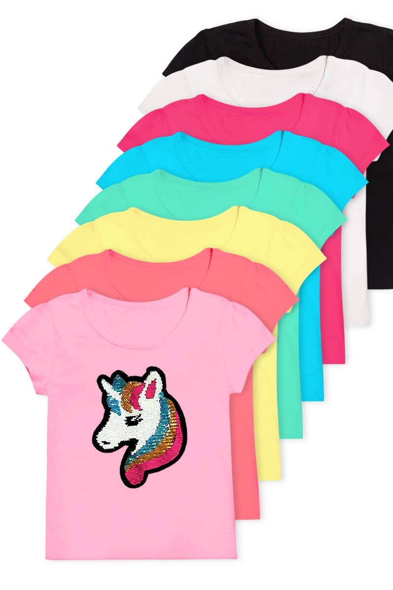 Girl's Knit Scoop Neck Tee W/Sequin Unicorn - GKT-16060B-329