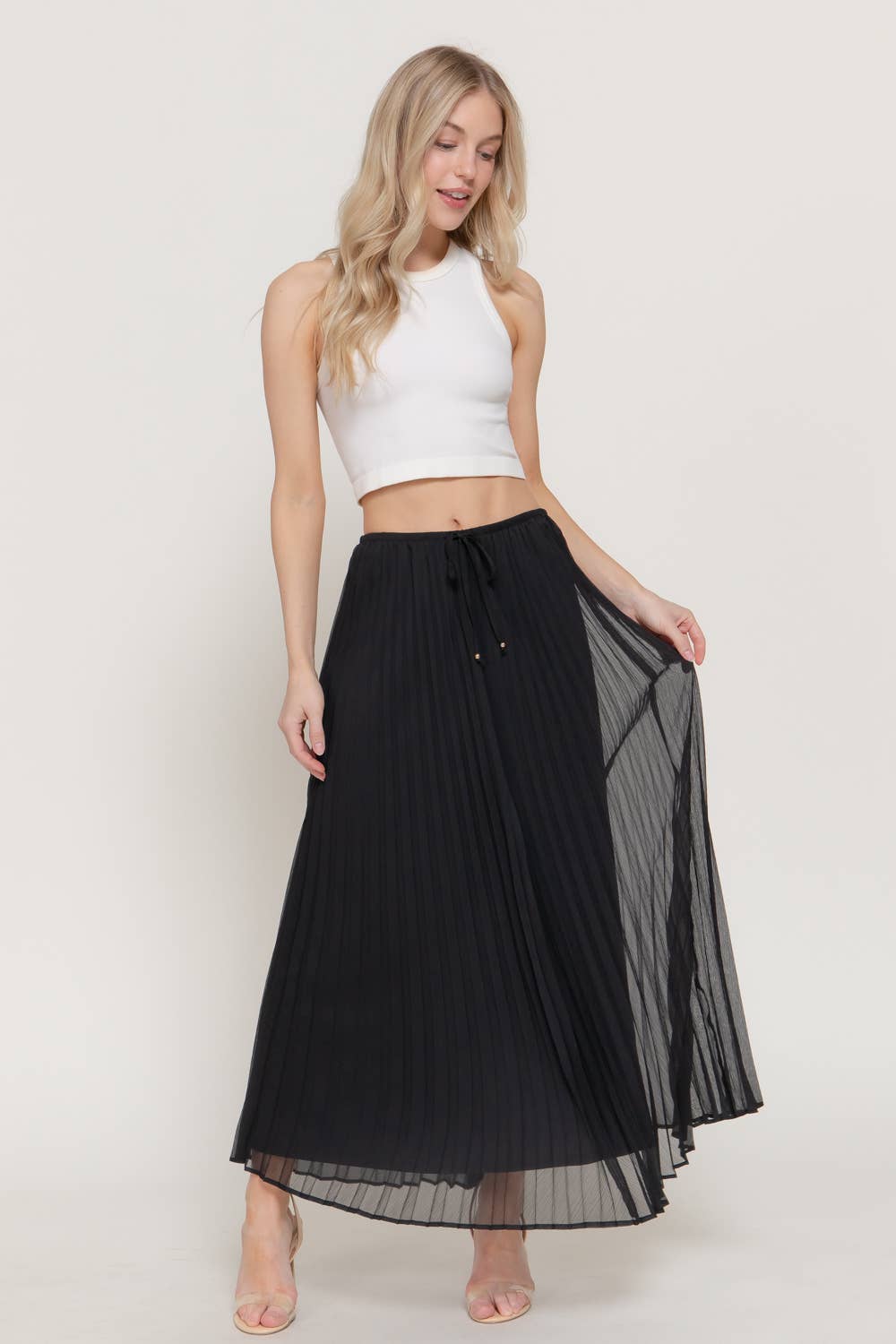 Active USA - Falda larga de gasa con detalle plisado para mujer - S15058